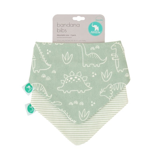 All4Ella - Bandana Baby Bibs 2pk Reversible Sage Dino