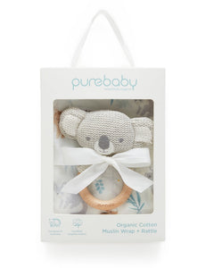 Purebaby - Muslin Wrap & Rattle Gift Pack Eucalyptus Friends