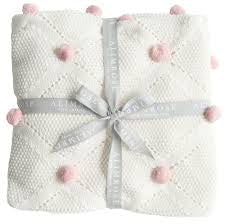 Alimrose - Baby Blanket Pom Pom Knit Ivory & Pink
