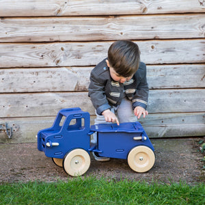 Moover Blue Dump Truck, Wooden Ride On Toy, Sticky Fingers Children's Boutique