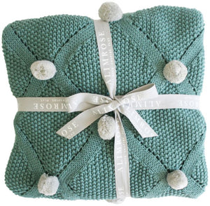 Unisex baby blanket. Pom pom knit sage from Alimrose. Shop online or in store at Sticky Fingers Children's Boutique, niddrie.